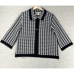 Covington Cardigan Sweater Womens Large Black White Houndstooth Knit 3/4 Sleeve